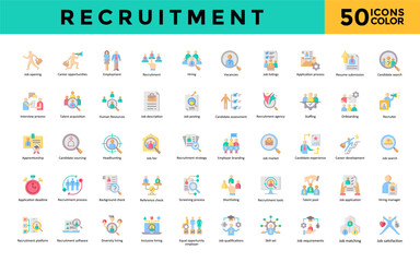 Recruitment icon set with job opening, career opportunities, employment, recruitment, hiring, vacancies, job listings, application process, resume submission icon. Simple flat color vector 

