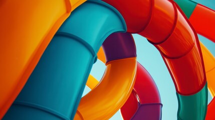 Colorful interwoven water slides create a vibrant and playful atmosphere in a summer water park setting