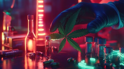 Cannabis research in a lab, with a gloved hand holding a cannabis leaf over pills and vials, lit by neon lighting. Ideal for medical applications and pharmaceutical designs.