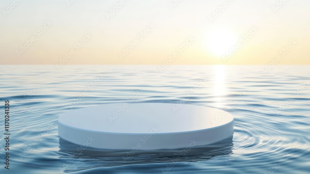 Poster clean white circle podium on a calm, transparent water surface with gentle ripples and splashes of s
