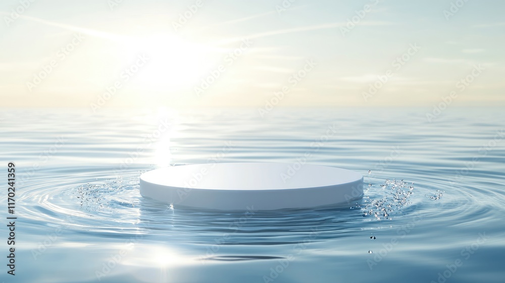 Poster clean white circle podium on a calm, transparent water surface with gentle ripples and splashes of s