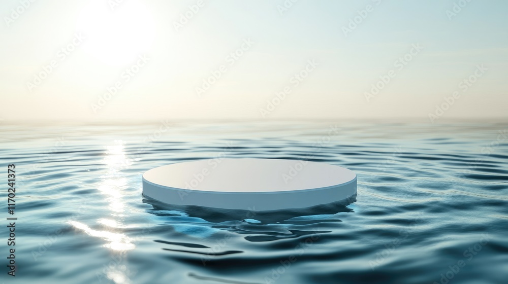 Aufkleber Clean white circle podium on a calm, transparent water surface with gentle ripples and splashes of sunlight. Ideal for abstract nature background and product presentations.