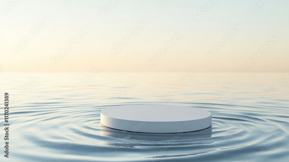 Poster clean white circle podium on a calm, transparent water surface with gentle ripples and splashes of s