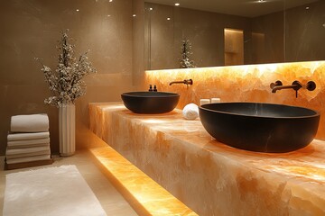 Modern bathroom with onyx countertop and dark sinks.  Backlit vanity adds a luxurious touch.