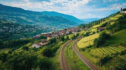 Fototapeta premium Scenic View of Train Tracks Curving Through Lush Green Hills