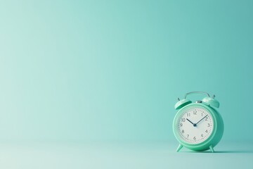 Teal alarm clock on a mint green background.