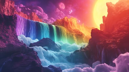 Rainbow Waterfall in a Surreal Alien Landscape