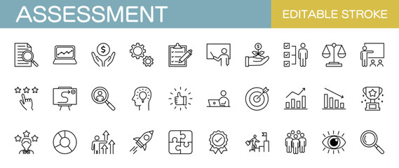 Assessment  line icons set. Audit, analysis, plan, evaluation, quality process, result and goal. Editable stroke, vector illustration