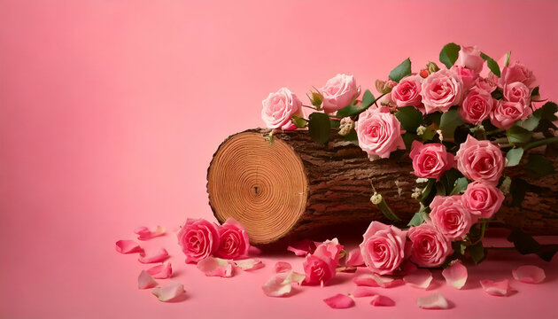 Valentine's Day photograph of a pink rose garland on a wooden log, and scattered roses on a pink background