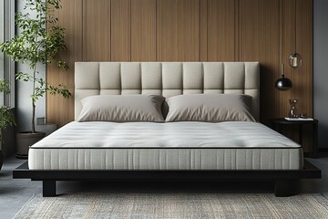 Modern bedroom with a comfortable-looking bed, featuring a tufted headboard and a minimalist platform bed frame.