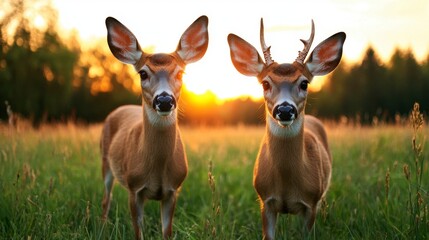 Fototapeta premium Two young deer standing gracefully in a sunlit meadow during golden hour, capturing a serene moment of nature's beauty.