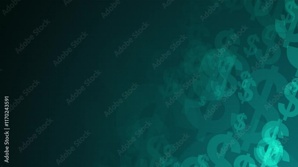 Poster blue dollar symbol shapes are moving from the bottom right of a gradient grid abstract background, h