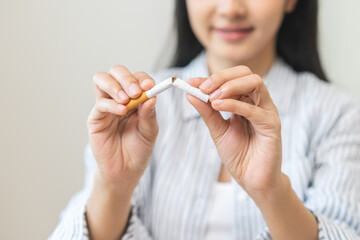 Quit, stop smoking, addiction asian young woman, girl refusing cigarette, smoker quitting smoke,...