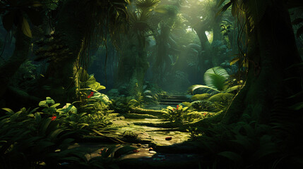 Enchanted Jungle Pathway: Lush Flora and Sunlight