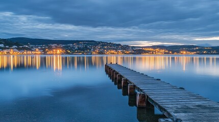 Fototapeta premium Serene Twilight Reflection Over Calm Water with Wooden Pier