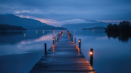 Obraz premium Serene Twilight on a Calm Lake with Scenic Pier and Mountains