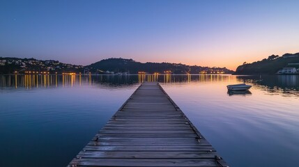 Obraz premium Serene Sunset Over Calm Water with Pier and Small Boat