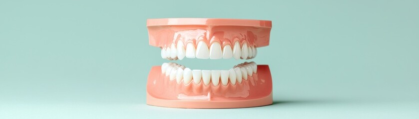 Obraz premium A realistic dental model showcasing upper and lower teeth with a neutral background, highlighting oral health and dental education.