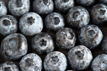 Close-up of blueberries on dark background.Fresh Blueberry Bounty. Close-up of ripe juicy blueberries filling the frame