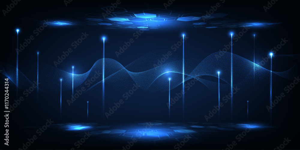 Poster vector illustration of futuristic digital technology background with glowing dots floating on digita