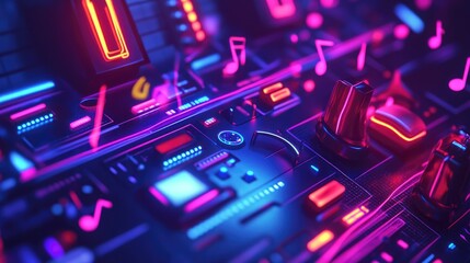 Fototapeta premium Close-up of vintage audio equipment with glowing neon accents, surrounded by floating music notes. Perfect for retro-futuristic designs, 80s/90s aesthetics, and music tech concepts.
