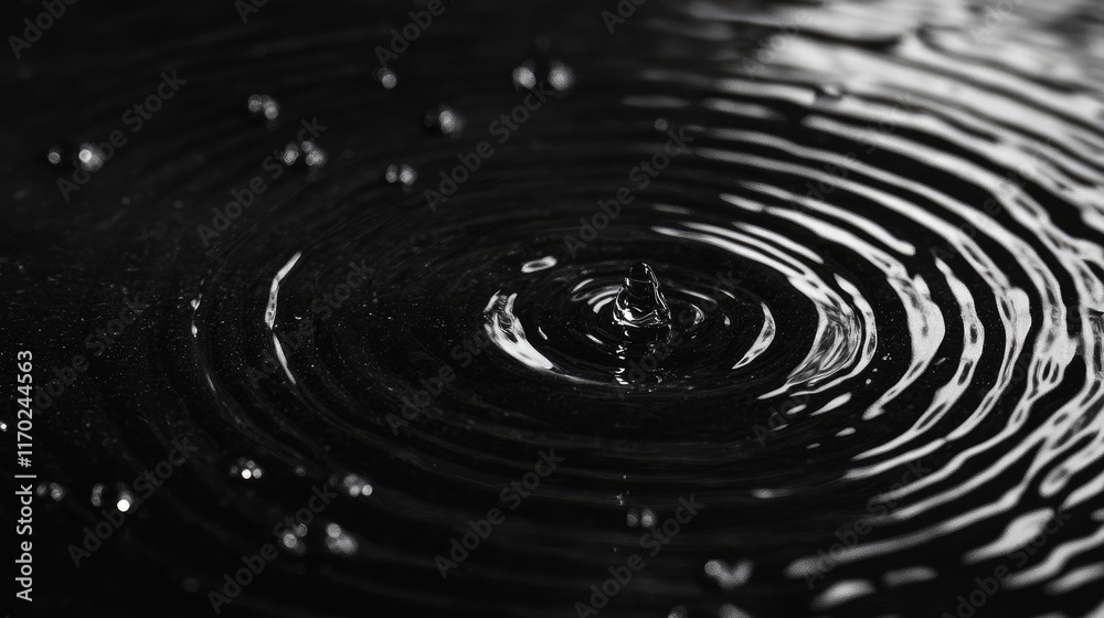 Poster close-up of water droplets forming concentric ripples on a calm surface. perfect for conveying a sen