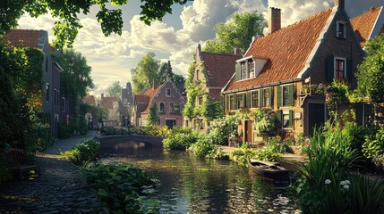 Obraz premium Scenic Countryside Village with Canals and Flowering Houses