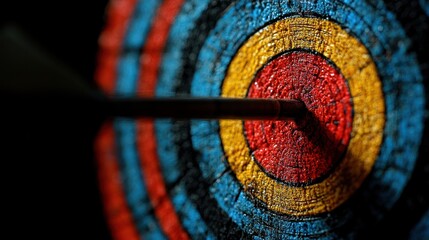 Arrow hitting bullseye on rustic target.