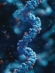 Fototapeta premium High resolution close up of a blue double helix DNA molecule suspended in water, with motion blur effects indicating movement and energy transfer.