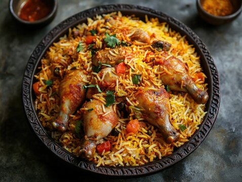 Delicious and flavorful chicken biryani served in a traditional round metal plate, garnished with cilantro and red onions.
