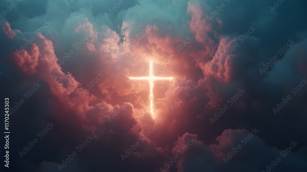 Wall mural Glowing Cross Amidst Dramatic Cloudscape