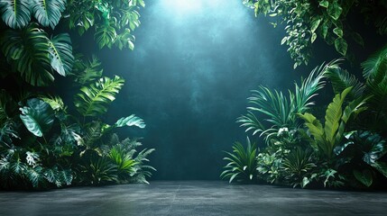 Dark moody background with lush tropical foliage and empty space.