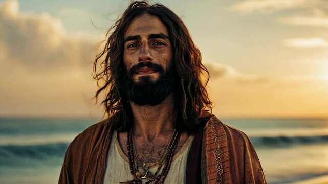 Jesus Christ look tired at desolated wilderness land, idea for Mathew 4:1-8