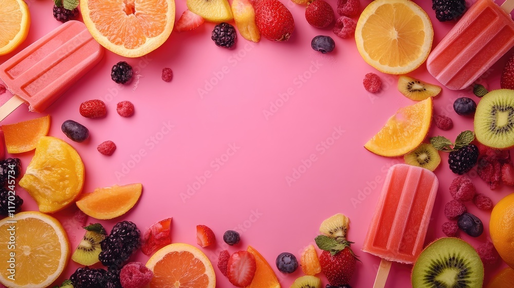 Poster colorful fruit-flavored popsicles arranged on a vibrant pink backdrop with ample copy space in the c