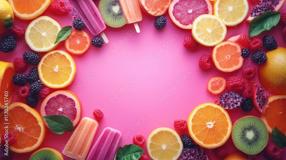 Poster colorful fruit-flavored popsicles arranged on a vibrant pink backdrop with ample copy space in the c