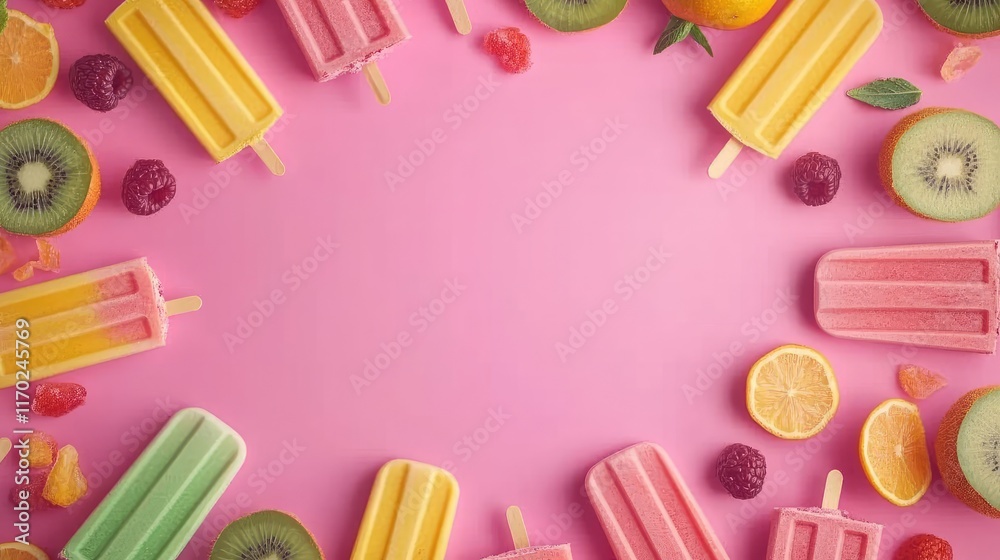 Poster colorful fruit-flavored popsicles arranged on a vibrant pink backdrop with ample copy space in the c
