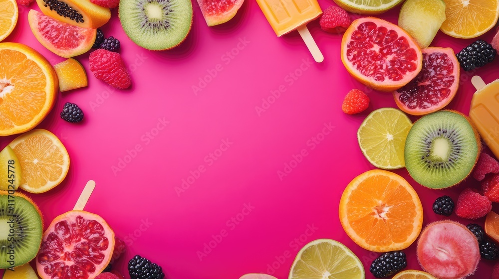 Poster colorful fruit-flavored popsicles arranged on a vibrant pink backdrop with ample copy space in the c