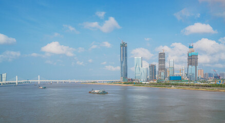 Modern urban architecture, bridges, and coastal scenery in Zhuhai, Guangdong Province, China on April 9, 2023