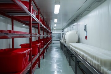 Obraz premium White plastic products on a production line in a factory, with red containers stacked on shelves
