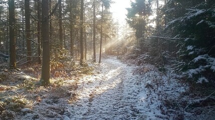 Obraz premium Sunlight Rays Illuminate Snowy Forest Path in Winter Wonderland