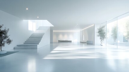 Obraz premium Empty modern office with sleek decor, white walls, and a spacious layout 