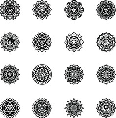 Set of Sanskrit Chakra Symbols Glyph Style Icons 

