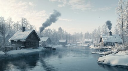 Fototapeta premium Winter Landscape with Wooden Houses and Smoky Chimneys by River