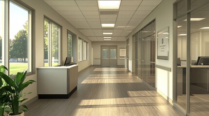 Empty workspace with a contemporary design, soft lighting, and glass partitions 