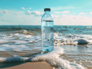 A clear plastic bottle of drinking water on a sandy beach. It is a sunny day with the ocean in the background.