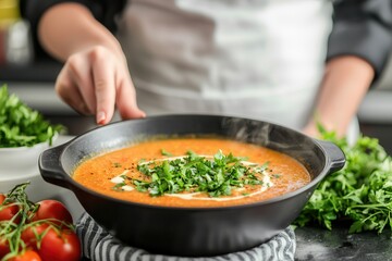 Food bloggers share cooking tutorials. Delicious soup garnished with fresh herbs in a black bowl.