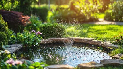 Fototapeta premium Tranquil Garden Fountain Surrounded by Lush Greenery and Flowers