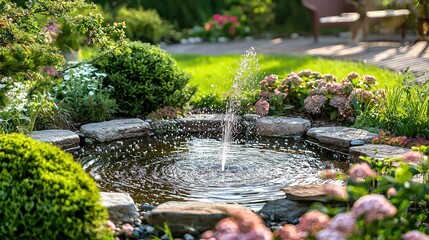 Fototapeta premium Serene Garden Pond with Fountain Surrounded by Lush Greenery