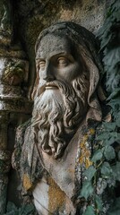 Obraz premium Ancient Stone Sculpture: Weathered Portrait of a Bearded Man