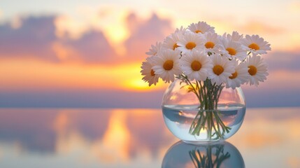 Daisies arranged in a round glass vase, reflected on a shiny surface with a peaceful sunset backdrop. Ideal for feminine-themed designs, greeting cards, and social media content.